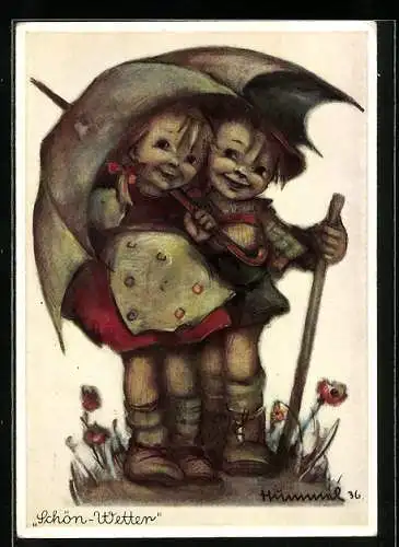 Künstler-AK Hummel: Kleines Mädchen und kleiner Junge unter einem Schirm
