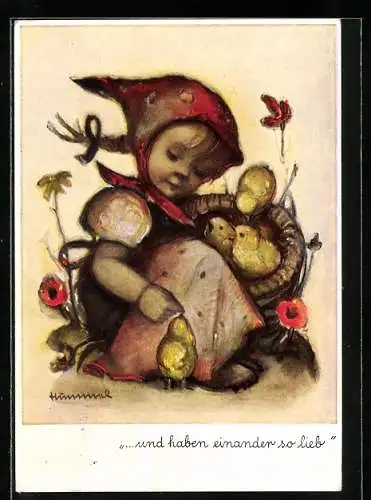 Künstler-AK Hummel: Mädchen mit Osterküken, Ostergruss