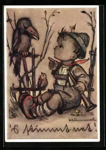 Künstler-AK Hummel: Junge spricht mit einem Raben