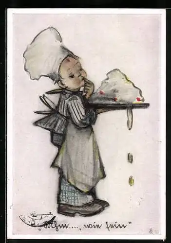 Künstler-AK Hummel: Kleiner Koch mit undefinierbarem Gericht