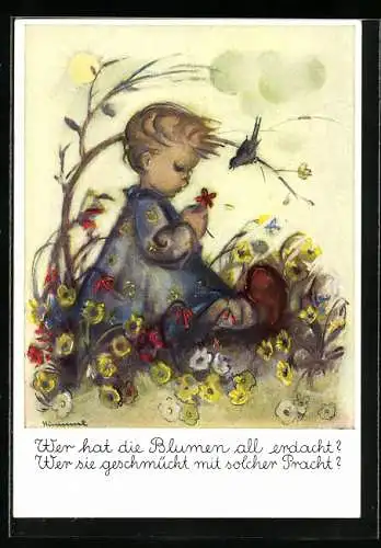 Künstler-AK Hummel: Wer hat die Blumen all erdacht?, Mädchen mit Blume und Vogel