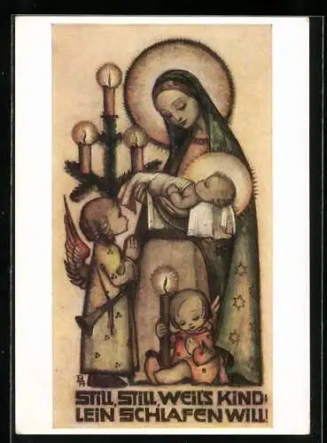 Künstler-AK Hummel: Maria mit dem Jesuskind und zwei Engeln