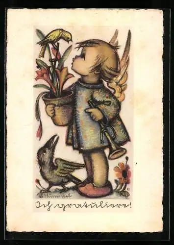 Künstler-AK Hummel: Ich gratuliere, Englein mit Blumentopf und Trompete