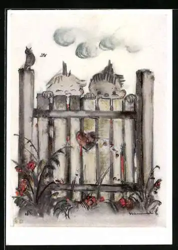 Künstler-AK Hummel: Kinder schauen über den Rand eines Zaunes