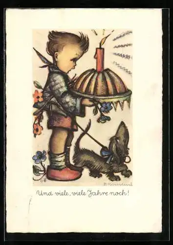 Künstler-AK Hummel: Kind mit Kuchen und Dackel