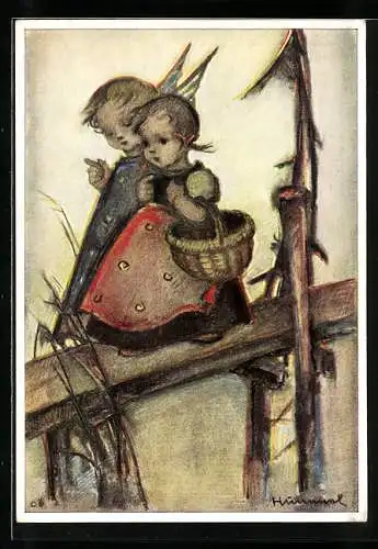 Künstler-AK Hummel: In treuer Hut, Kind und Schutzengel