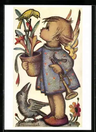 Künstler-AK Hummel: Engelchen mit Trompete und Blumentopf