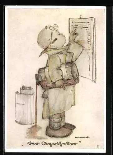 Künstler-AK Hummel: Kleiner Apotheker beim Studieren seiner Rezepte