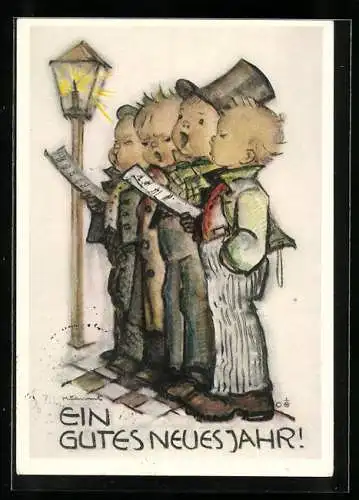 Künstler-AK Hummel: Kinder singen unter der Strassenlaterne, Ein frohes Fest!