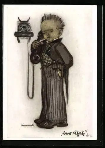 Künstler-AK Hummel: Junge im Anzug hält einen Telefonhörer in der Hand, Der Chef