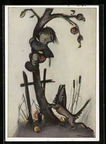 Künstler-AK Hummel: Kind hat Angst vor Dackel