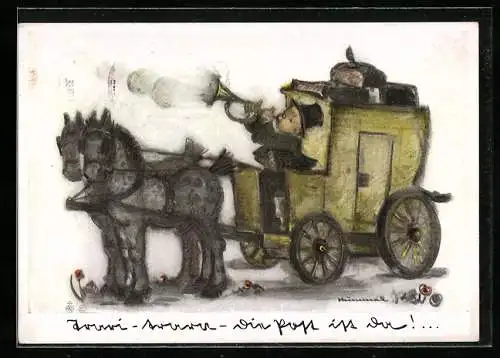 Künstler-AK Hummel: Kleiner Mann auf Postkutsche