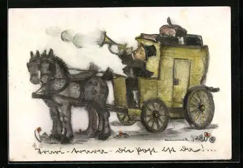 Künstler-AK Hummel: Kleiner Mann auf Postkutsche
