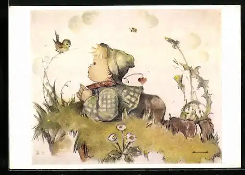 Künstler-AK Hummel: Junge liegt auf der Wiese und beobachtet einen Vogel