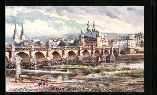 Künstler-AK Charles F. Flower: Coblenz, Mosel-Brücke