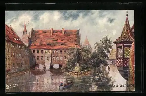 Künstler-AK Charles F. Flower: Nürnberg, Heiliges-Geist-Spital mit Boot