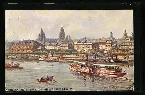 Künstler-AK Charles F. Flower: Mainz, Blick von der Strassenbrücke zur Stadt, Dampfer, Ruderboot