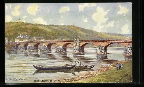 Künstler-AK Charles F. Flower: Trier, Uferpartie an der Mosel-Brücke