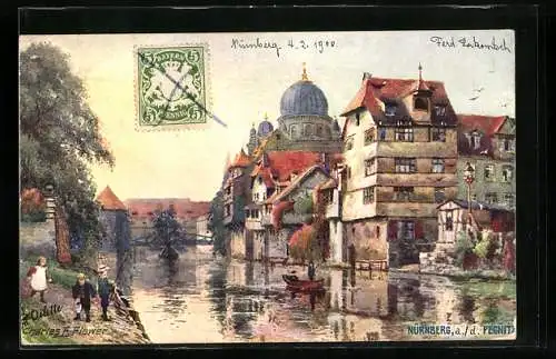 Künstler-AK Charles F.Flower: Nürnberg, Insel Schütt mit Blick auf die Synagoge
