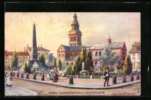 Künstler-AK Charles F. Flower: Worms, Ludwigsdenkmal und Martinskirche