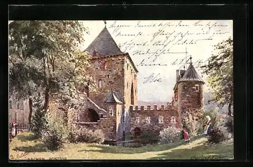 Künstler-AK Charles F. Flower: Aachen, Ponttor im Sonnenschein