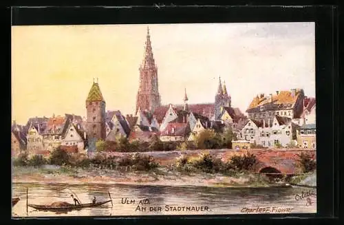 Künstler-AK Charles F. Flower: Ulm / Donau, Ortspartie an der Stadtmauer, Boot