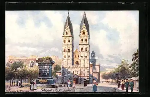 Künstler-AK Charles F. Flower: Coblenz, Castorkirche mit Passanten