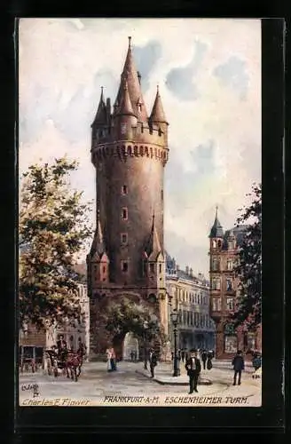 Künstler-AK Charles F. Flower: Frankfurt, Passanten vor dem Eschenheimer Turm