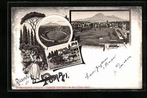 Lithographie Pompei, Amphi teatro, Ausgrabungen, Ochsenkarren