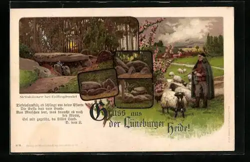 Lithographie Fallingbostel, Steinhäuser, Schäfer mit seiner Herde