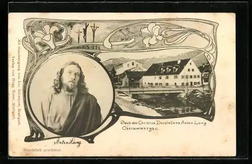 Künstler-AK Oberammergau, Portrait und Haus des Christus-Darstellers Anton Lang, Kreuzigungsszene