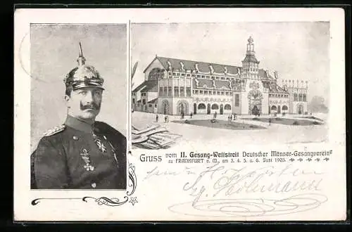 AK Frankfurt a. M., II. Gesang-Wettstreit Deutscher Männer Gesangsvereine 1903, Soldat in Uniform
