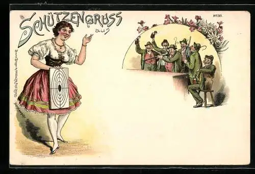 Lithographie Frau im Dirndl mit einer Zielscheibe, Schützen mit Gewehr, Schützenfest