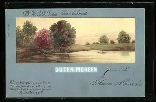 AK Allegorie Guten Morgen, Uferpanorama bei Sonnenaufgang