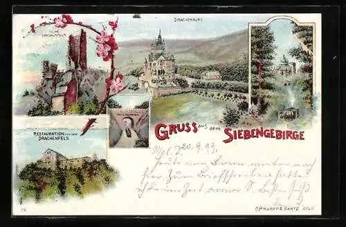 Lithographie Die Drachenburg im Siebengebirge, mit Ruine Drachenfels, Restaurant auf dem Drachenfels, Bergbahn
