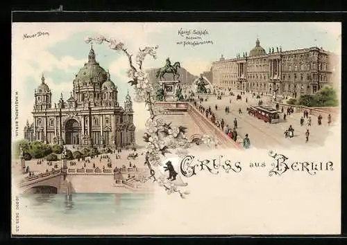 Lithographie Berlin, Neuer Dom, Südseite des Kgl. Schlosses mit Schlossbrunnen, Wappen, Pferdebahn