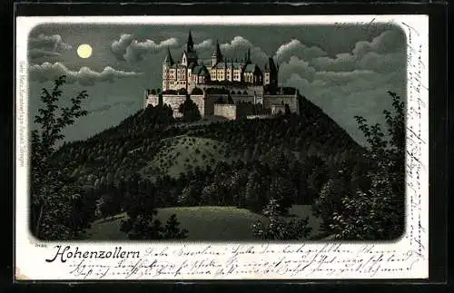 Lithographie Burg Hohenzollern, Gesamtansicht mit Umgebung