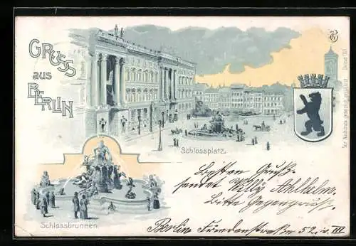 Lithographie Berlin, Schlossplatz, Schlossbrunnen