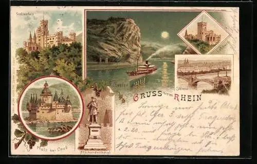 Lithographie Koblenz, Loreley bei Nacht, Dampfer, Lahneck, Blücherdenkmal, Stolzenfels um 1900