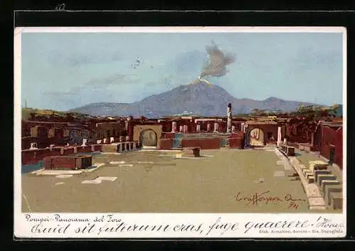 Künstler-Lithographie Pompeii, Panorama del Foro, Vesuv und Forum