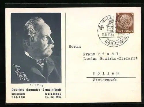 AK Radebeul, Karl May im Profil, Deutsche Sammler-Gemeinschaft Werbeschau 1938
