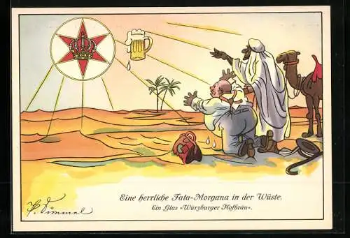 Künstler-AK Würzburg, Wüsten-Expedition sieht Bierkrug-Fata Morgana Würzburger Hofbräu