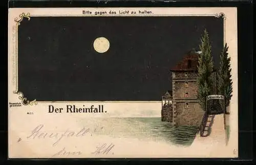 Lithographie Rheinfall, Schloss Wörth, Halt gegen das Licht: stürzender Mann