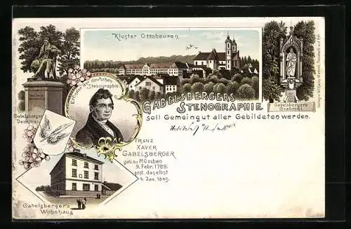 Lithographie Ottobeuren i. B., Kloster, Gabelsberger Grabmal, Wohnhaus, Denkmal und Portrait