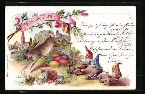 Lithographie drei Zwerge fangen den Osterhasen, Salzbeutel fällt aus dem Korb