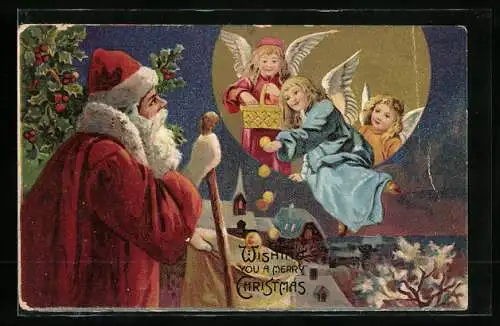 AK Weihnachtsmann bekommt von Weihnachtsengeln Nachschub an Geschenken
