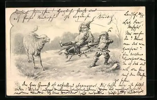 AK Zwerge mit Maikäfer als Reittier auf der Jagd