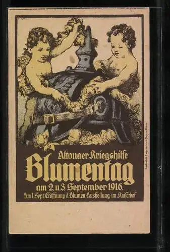 Künstler-AK Hamburg-Altona, Blumentag am 2. u. 3. September 1916, Pickelhaube und Putten