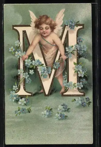 Lithographie Amor schmückt den Buchstaben M mit Vergissmeinnicht