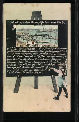 Schultafel-AK Kiel, Kriegshafen im Flaggenschmuck, Infotext auf Tafel